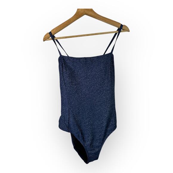 Cupshe XL One Piece Swimsuit Square Neck Shimmer Blue Bathing Suit Crisscross - Picture 3 of 8